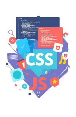 A visually appealing web development-themed illustration showcasing HTML, CSS, and JavaScript concepts