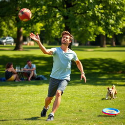 A young man throwing a football enthusiastically in a sunny park, with lush green grass and trees in the background