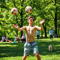 A young man throwing a football enthusiastically in a sunny park, with lush green grass and trees in the background