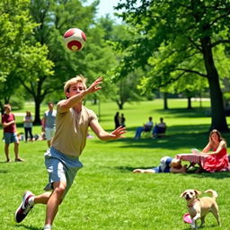 A young man throwing a football enthusiastically in a sunny park, with lush green grass and trees in the background