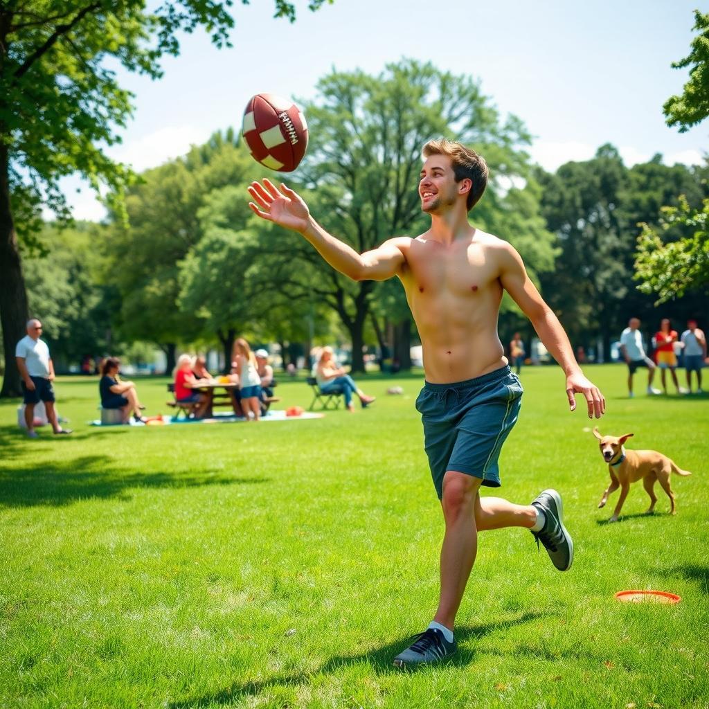 A young man throwing a football enthusiastically in a sunny park, with lush green grass and trees in the background