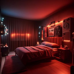 A cinematic style bedroom with dimensions of 12 feet by 9 feet. The room features mood lighting, film-related decor and an overall dramatic atmosphere