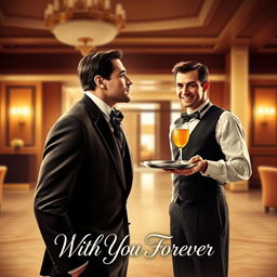 A romantic movie poster featuring a dapper man in stylish attire gazing dreamily at a hotel waiter, who is holding a tray with a drink, against the backdrop of an elegant hotel lobby