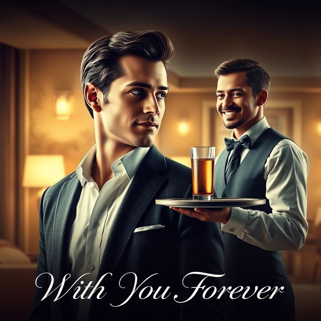 A romantic movie poster featuring a dapper man in stylish attire gazing dreamily at a hotel waiter, who is holding a tray with a drink, against the backdrop of an elegant hotel lobby