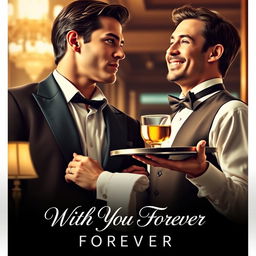 A romantic movie poster featuring a dapper man in stylish attire gazing dreamily at a hotel waiter, who is holding a tray with a drink, against the backdrop of an elegant hotel lobby