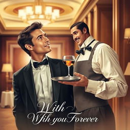 A romantic movie poster featuring a dapper man in stylish attire gazing dreamily at a hotel waiter, who is holding a tray with a drink, against the backdrop of an elegant hotel lobby