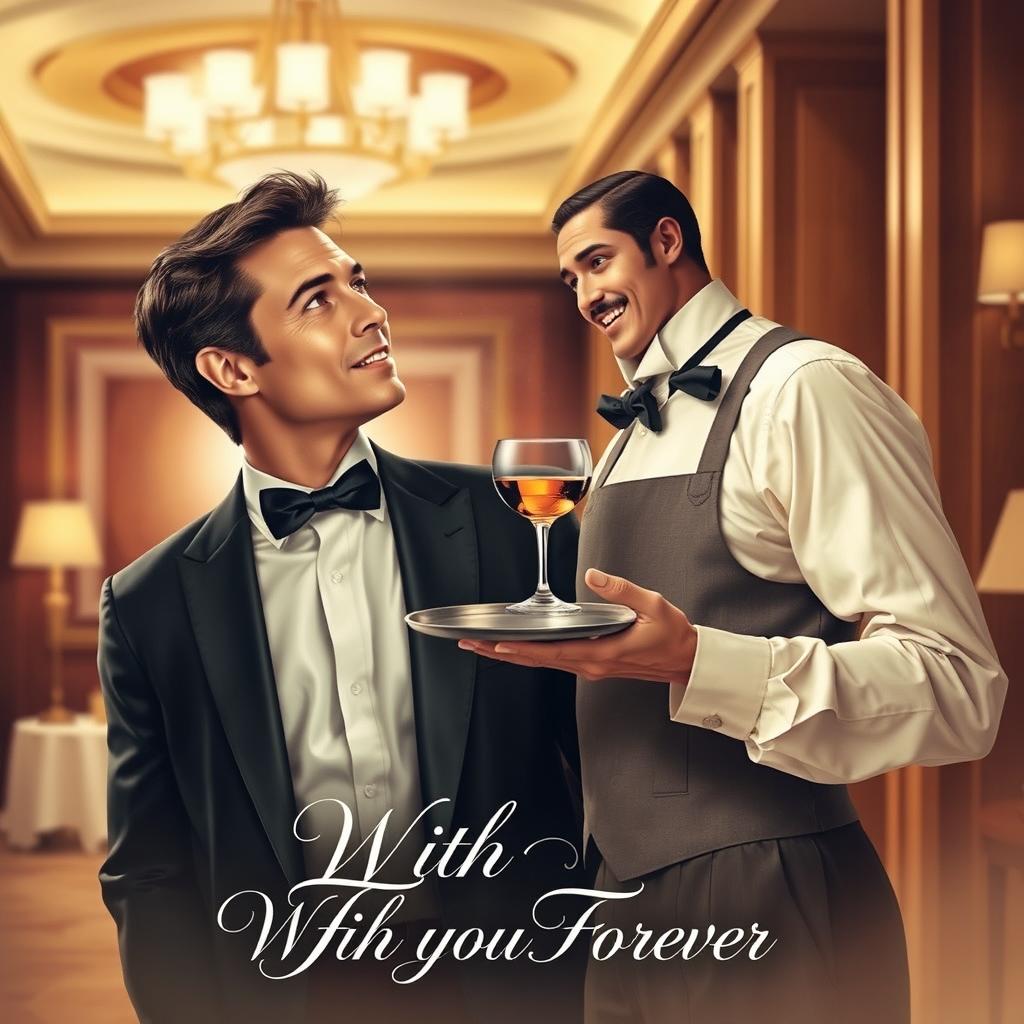A romantic movie poster featuring a dapper man in stylish attire gazing dreamily at a hotel waiter, who is holding a tray with a drink, against the backdrop of an elegant hotel lobby