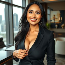 A beautiful Indonesian woman with an elegant and confident demeanor, showcasing her voluptuous figure, dressed in upscale business attire that conveys her wealth and success as a prosperous entrepreneur