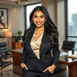 A beautiful Indonesian woman with an elegant and confident demeanor, showcasing her voluptuous figure, dressed in upscale business attire that conveys her wealth and success as a prosperous entrepreneur