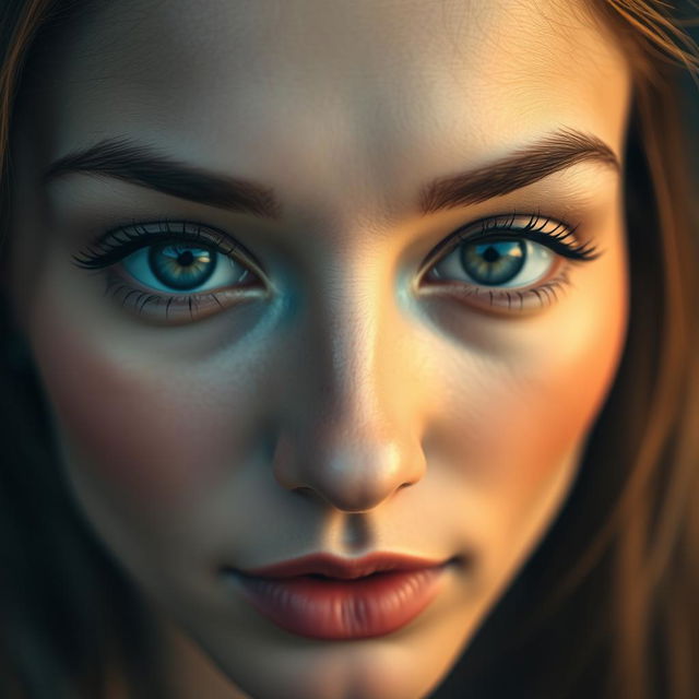 A close-up portrait capturing only the area between the nose bridge and eyebrows of a woman with strikingly beautiful eyes