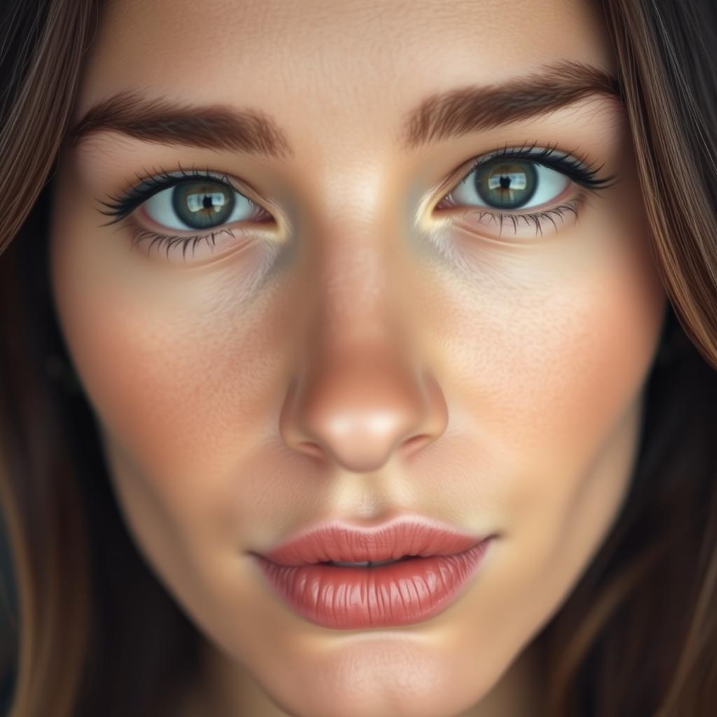 A close-up portrait capturing only the area between the nose bridge and eyebrows of a woman with strikingly beautiful eyes