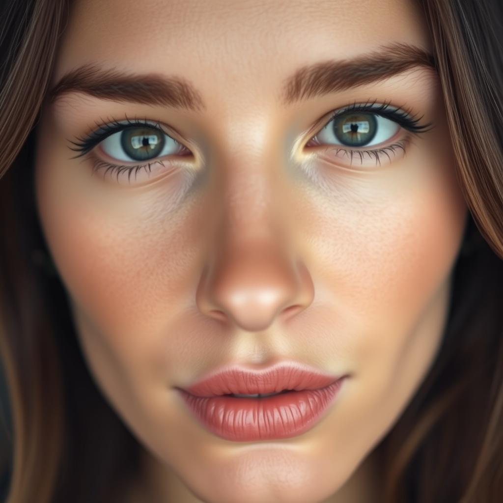 A close-up portrait capturing only the area between the nose bridge and eyebrows of a woman with strikingly beautiful eyes