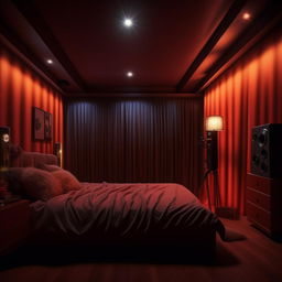 A cinematic style bedroom with dimensions of 12 feet by 9 feet. The room features mood lighting, film-related decor and an overall dramatic atmosphere