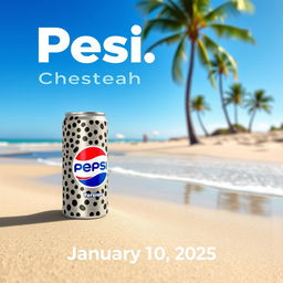 A vibrant beach scene featuring a modern, stylish can of Pepsi with a unique cheetah design, elegantly displayed on the sandy shore