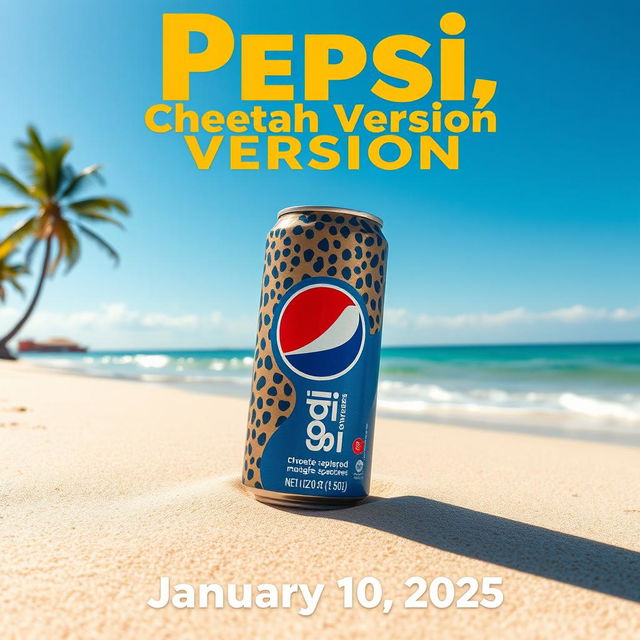 A vibrant beach scene featuring a modern, stylish can of Pepsi with a unique cheetah design, elegantly displayed on the sandy shore