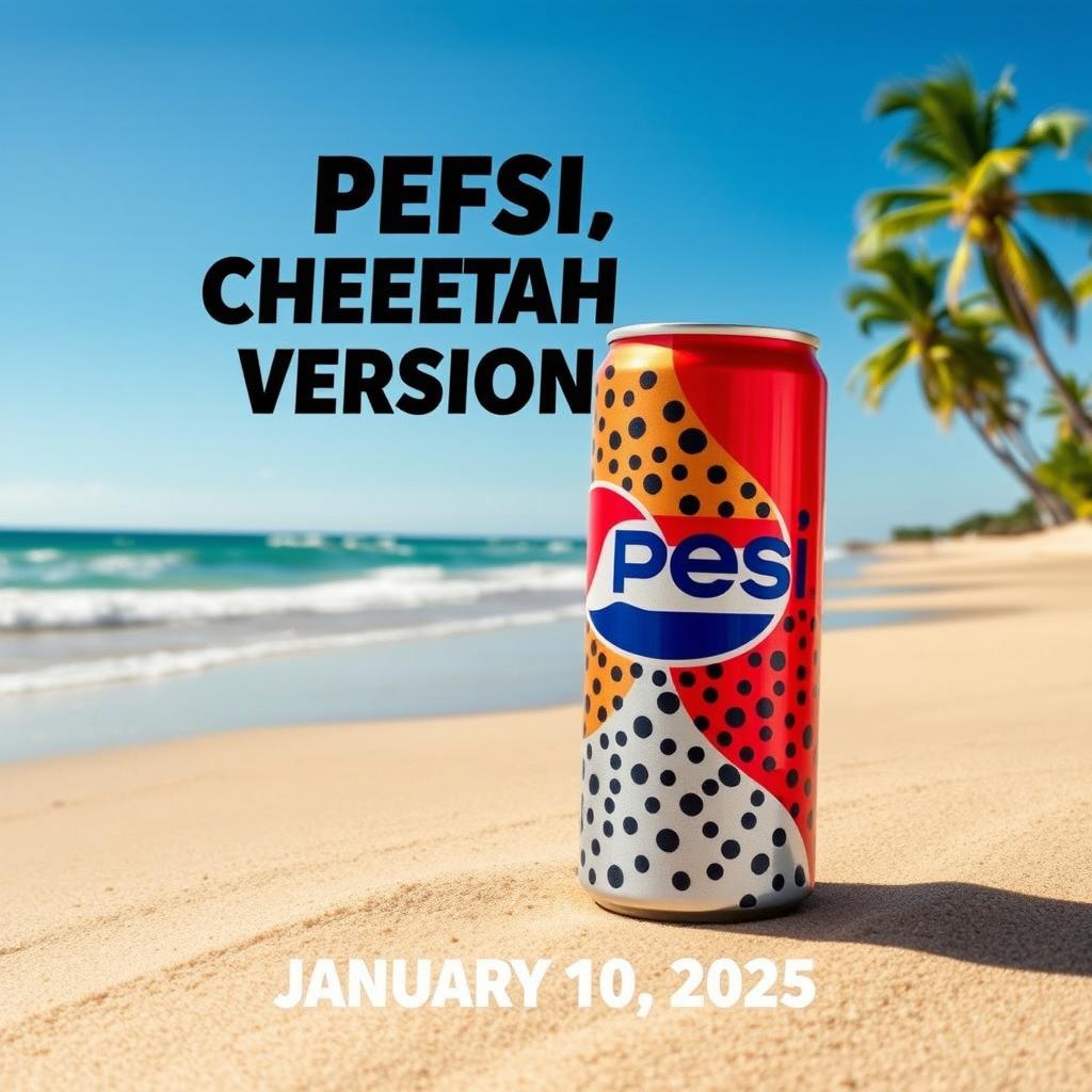 A vibrant beach scene featuring a modern, stylish can of Pepsi with a unique cheetah design, elegantly displayed on the sandy shore