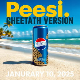 A vibrant beach scene featuring a modern, stylish can of Pepsi with a unique cheetah design, elegantly displayed on the sandy shore