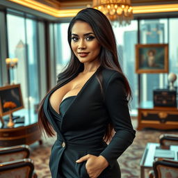 A stunningly beautiful Indonesian woman with a curvaceous figure, featuring prominently her large bust