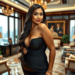 A stunningly beautiful Indonesian woman with a curvaceous figure, featuring prominently her large bust
