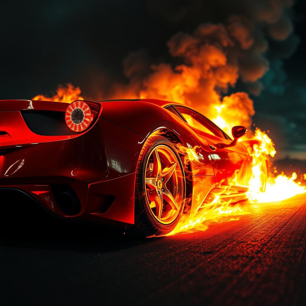 A vivid realism scene featuring a fiery red Ferrari engulfed in flames, smoke billowing dramatically into the sky