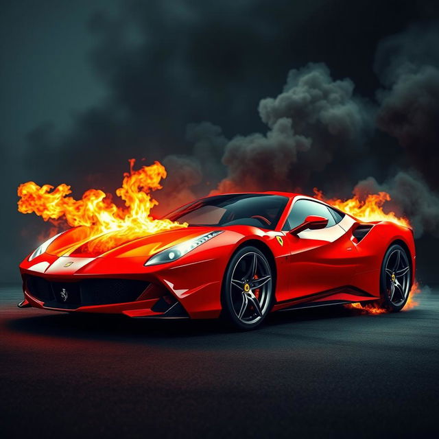 A vivid realism scene featuring a fiery red Ferrari engulfed in flames, smoke billowing dramatically into the sky