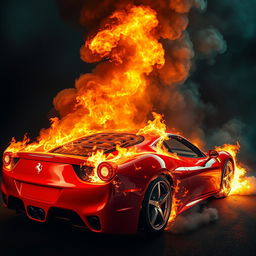 A vivid realism scene featuring a fiery red Ferrari engulfed in flames, smoke billowing dramatically into the sky