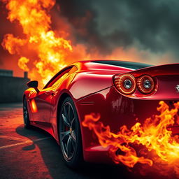 A vivid realism scene featuring a fiery red Ferrari engulfed in flames, smoke billowing dramatically into the sky