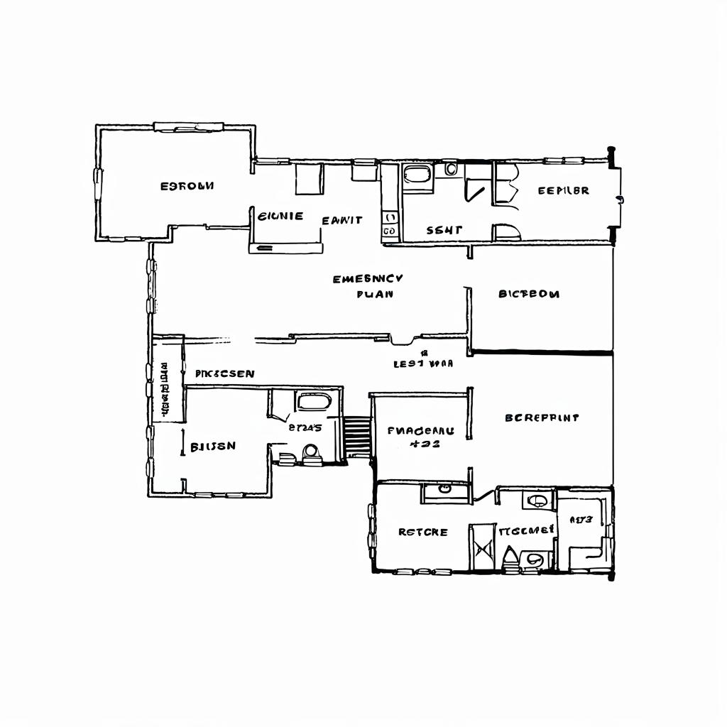 Generate a picture of a house emergency plan with labelled exit points, windows, and dangerous places marked. Do it like how architects make a blueprint of houses. Black and white color only and one dimension (flat). Use the picture as reference on the structure of the house