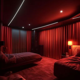 A cinematic style bedroom with dimensions of 12 feet by 9 feet. The room features mood lighting, film-related decor and an overall dramatic atmosphere