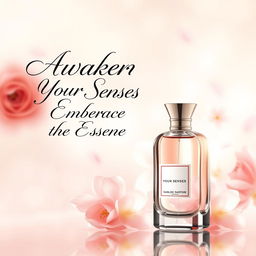 A beautiful and elegant poster design for a perfume advertisement featuring the slogan "Awaken Your Senses, Embrace the Essence" in stylish, artistic typography