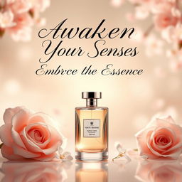 A beautiful and elegant poster design for a perfume advertisement featuring the slogan "Awaken Your Senses, Embrace the Essence" in stylish, artistic typography