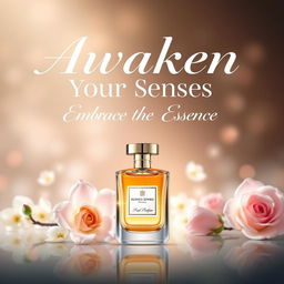 A beautiful and elegant poster design for a perfume advertisement featuring the slogan "Awaken Your Senses, Embrace the Essence" in stylish, artistic typography