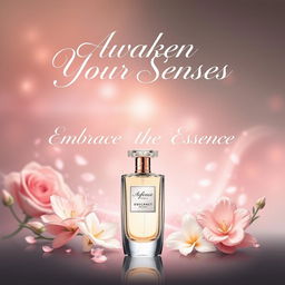 A beautiful and elegant poster design for a perfume advertisement featuring the slogan "Awaken Your Senses, Embrace the Essence" in stylish, artistic typography