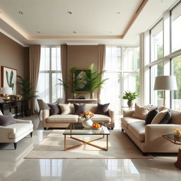 A beautiful, spacious interior living room with elegant furnishings, large windows letting in natural light, and tasteful decorations