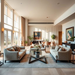 A beautiful, spacious interior living room with elegant furnishings, large windows letting in natural light, and tasteful decorations
