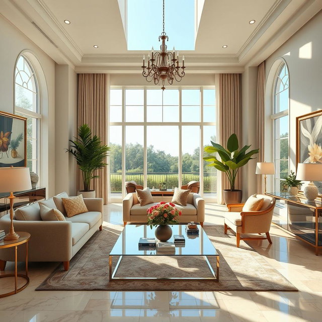 A beautiful, spacious interior living room with elegant furnishings, large windows letting in natural light, and tasteful decorations