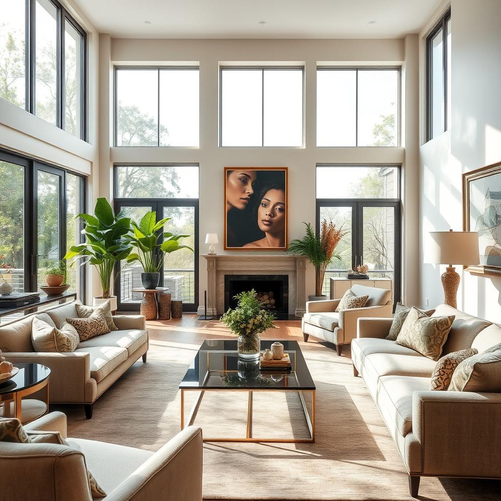 A beautiful, spacious interior living room with elegant furnishings, large windows letting in natural light, and tasteful decorations