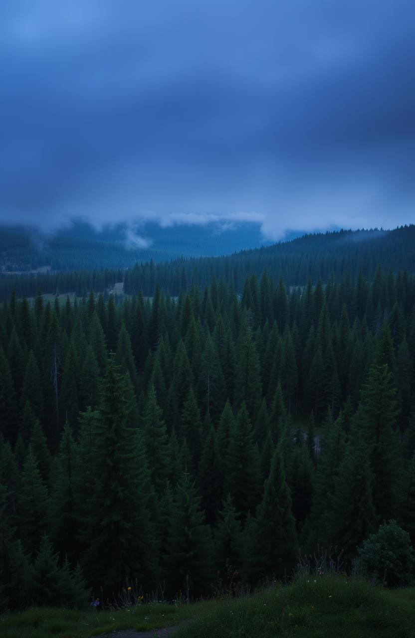 A breathtaking panorama of miles and miles of tall, lush pine trees stretching into the horizon, enveloped in a moody, atmospheric setting