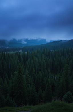 A breathtaking panorama of miles and miles of tall, lush pine trees stretching into the horizon, enveloped in a moody, atmospheric setting
