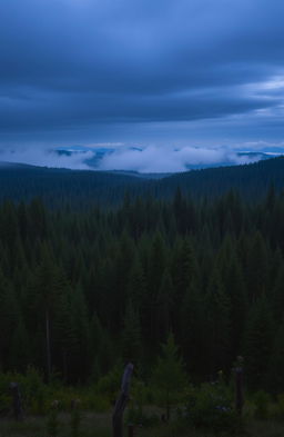 A breathtaking panorama of miles and miles of tall, lush pine trees stretching into the horizon, enveloped in a moody, atmospheric setting
