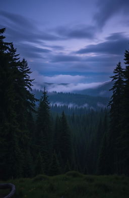 A breathtaking panorama of miles and miles of tall, lush pine trees stretching into the horizon, enveloped in a moody, atmospheric setting