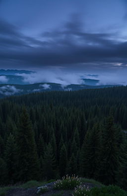 A breathtaking panorama of miles and miles of tall, lush pine trees stretching into the horizon, enveloped in a moody, atmospheric setting