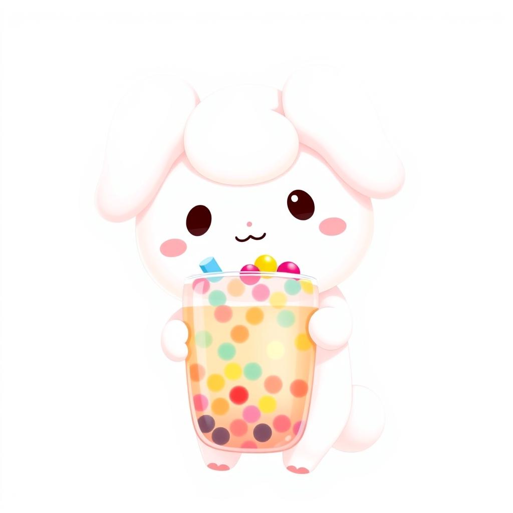 Cinnamoroll, the adorable Sanrio character, holding a colorful bubble tea in his hand, with an inviting smile on his face, set against a clean white background that emphasizes his cute features and fluffy, floppy ears