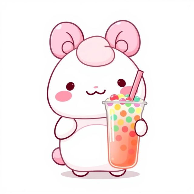 Cinnamoroll, the adorable Sanrio character, holding a colorful bubble tea in his hand, with an inviting smile on his face, set against a clean white background that emphasizes his cute features and fluffy, floppy ears