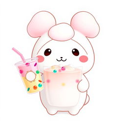 Cinnamoroll, the adorable Sanrio character, holding a colorful bubble tea in his hand, with an inviting smile on his face, set against a clean white background that emphasizes his cute features and fluffy, floppy ears