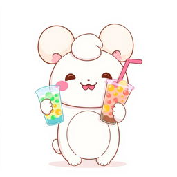Cinnamoroll, the adorable Sanrio character, holding a colorful bubble tea in his hand, with an inviting smile on his face, set against a clean white background that emphasizes his cute features and fluffy, floppy ears