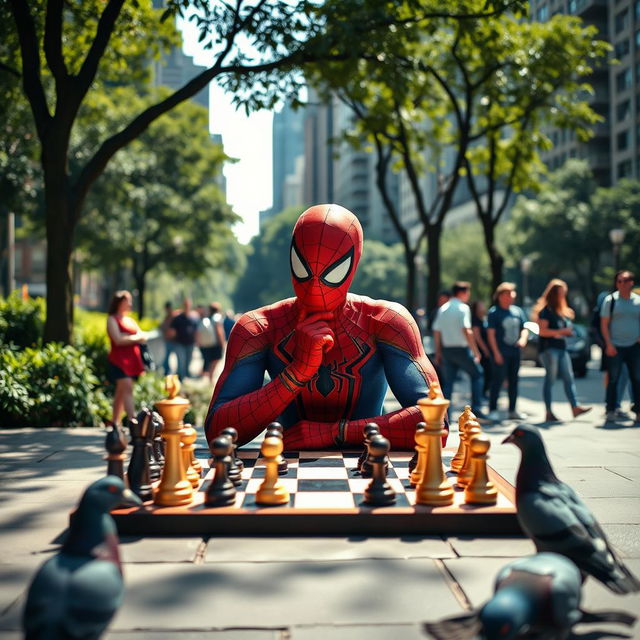 A dynamic scene of Spiderman, wearing his iconic red and blue suit, sitting at a chess table in a bustling urban park