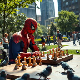 A dynamic scene of Spiderman, wearing his iconic red and blue suit, sitting at a chess table in a bustling urban park