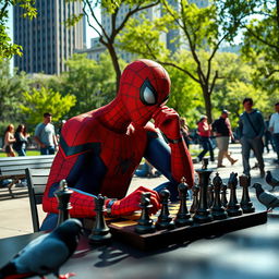 A dynamic scene of Spiderman, wearing his iconic red and blue suit, sitting at a chess table in a bustling urban park