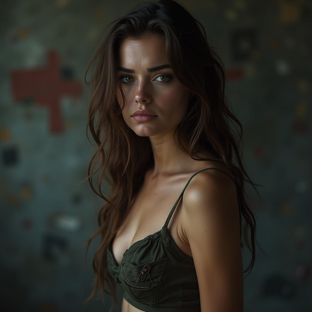 A striking portrait of a sexy woman expressing a deep sense of sadness and fatigue, set against a backdrop that subtly incorporates elements of war—such as faded military insignia or abstract representations of destruction